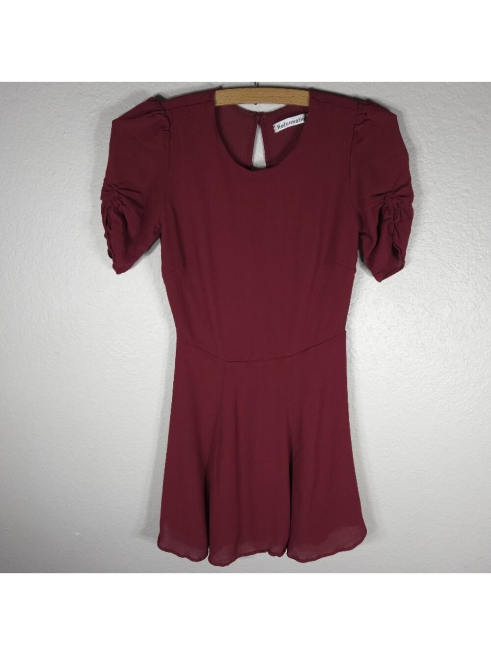 Reformation Burgundy Ruched Short Sleeve Mini Dress Size 6 Crew Neck